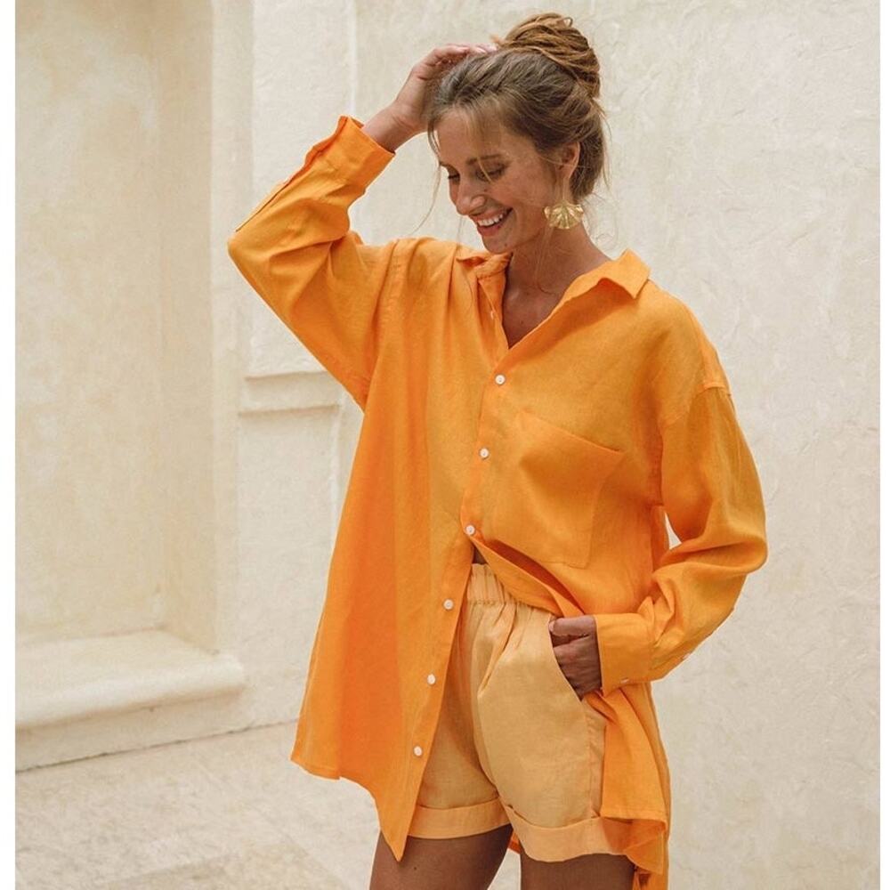 Rove Yellow Gold Long Summer Button Down Shirt Minimalist Linen Women's size XS